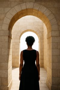 Figure fondatrice traversant une arche, symbolisant une transition institutionnelle et stratégique