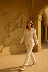 Silhouette féminine sous une arche européenne dorée, symbolisant l’accompagnement Diligence Consulting pour implanter une école en Europe via le codex Europe