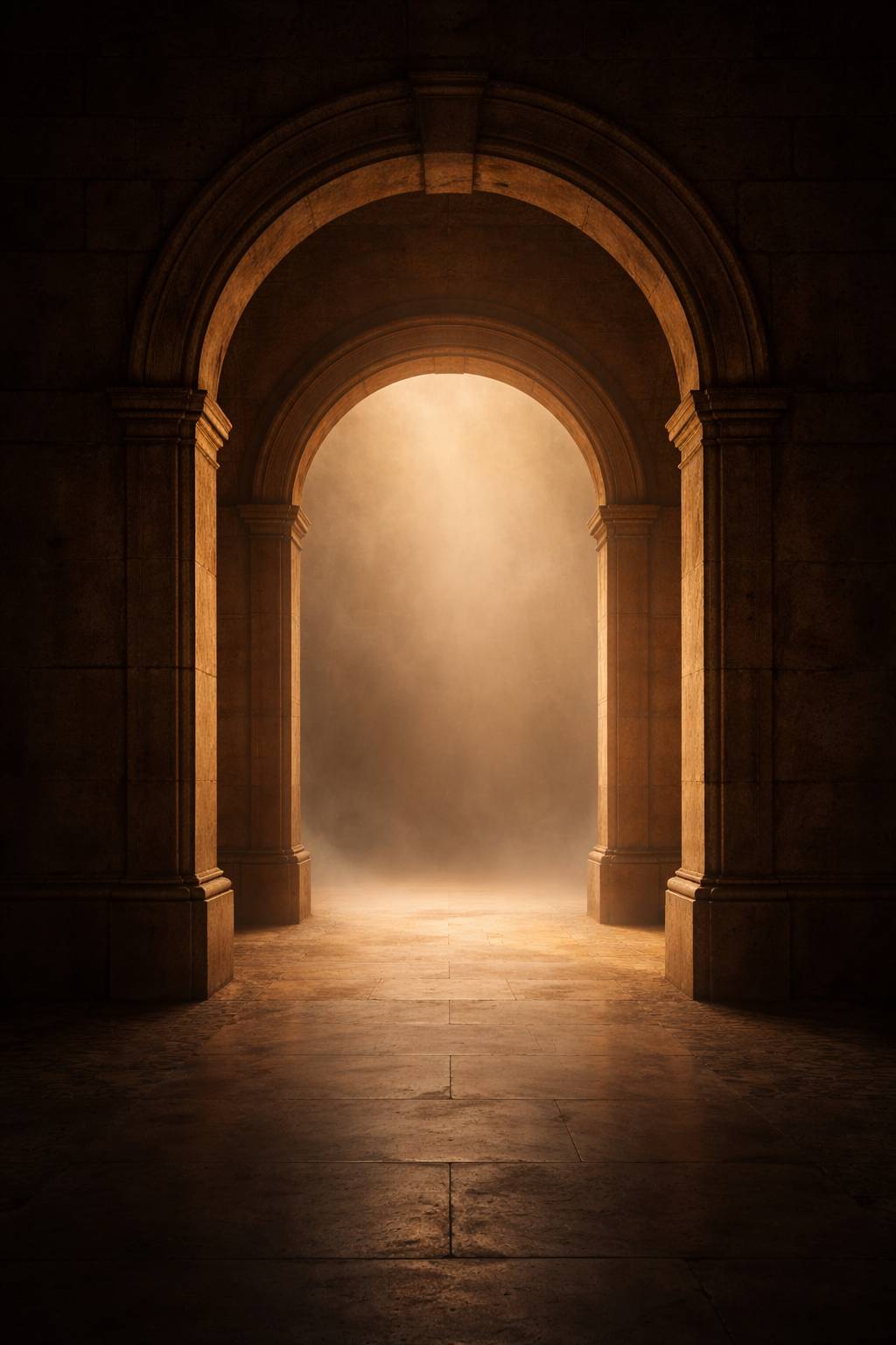 Sous l’Arche · La Voix Institutionnelle — seuil institutionnel symbolisé par une arche de pierre baignée d’une lumière mordorée, représentant le moment de décision avant une entrée éducative en Europe