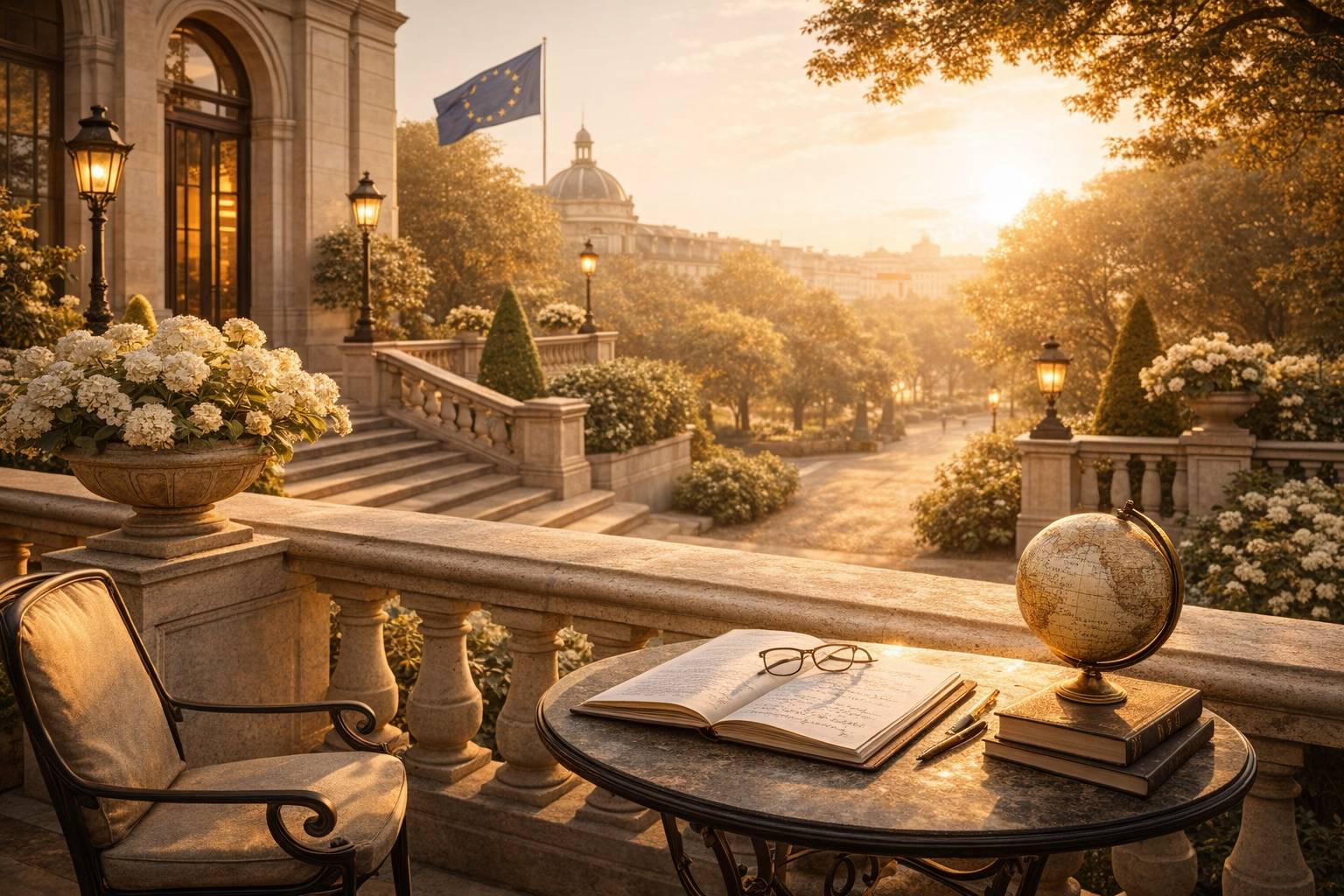 European institutional terrace symbolizing educational diplomacy, legitimacy, and the representation of academic models across Europe.