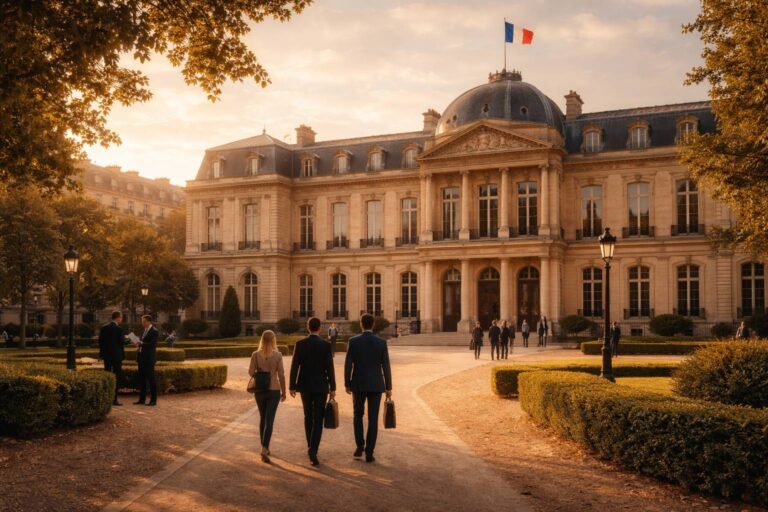 Realistic photograph of French institutional architecture bathed in golden light, symbolizing the strategic threshold of establishing a school in France.