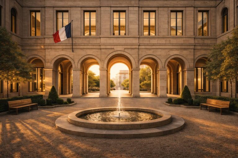 Institutional courtyard of a French campus bathed in golden light, illustrating the transition from a recognized school to a visible and legitimate educational institution within the French ecosystem.