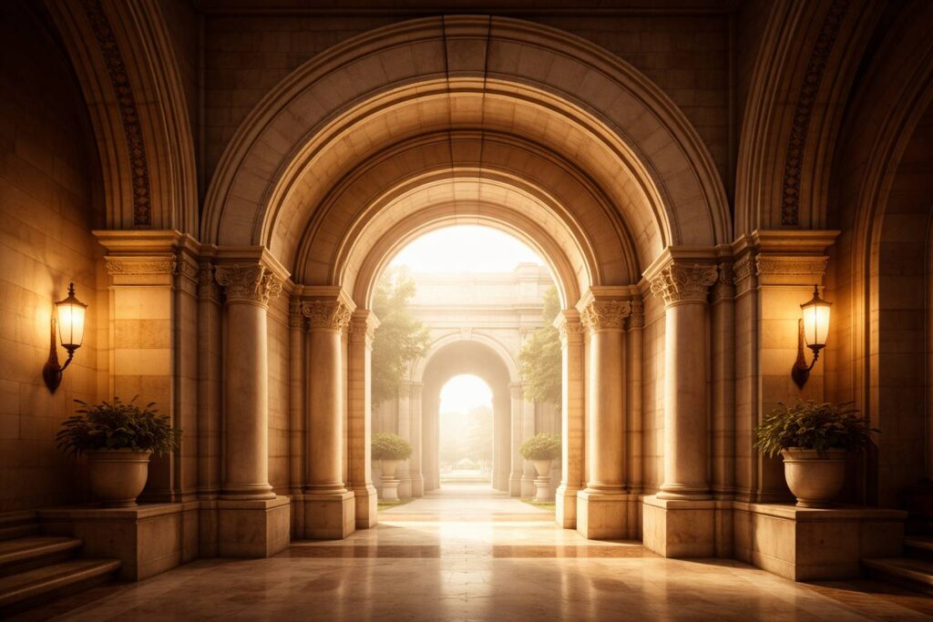 Minimal architectural arch symbolising institutional coherence before cross border entry. Arché and Institutional Mandates in Europe