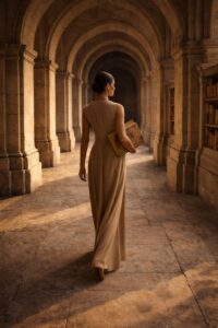 Couloir d'arche en pierre s'ouvrant sur un grand baobab, symbolisant la mémoire institutionnelle et la transmission du savoir