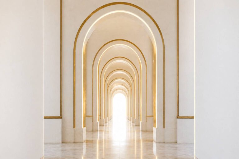 Suite d’arches mordorées alignées dans un espace blanc minimaliste, symbolisant le passage institutionnel et la lisibilité préalable à l’entrée sur le marché français de l’enseignement supérieur.Le projet de loi 2026 redéfinit la reconnaissance des écoles privées en France. Lecture institutionnelle pour décideurs étrangers avant exposition.