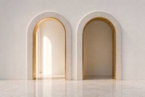 Deux arches élégantes avec contours mordorés dans un espace blanc minimaliste, symbolisant les choix institutionnels et la sélection implicite dans l’enseignement supérieur privé en France en 2026