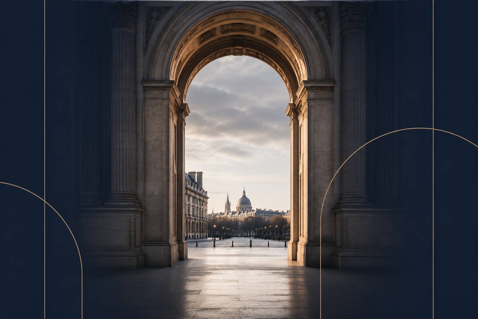 Hcéres 2026 Evaluation illustrating an institutional arch symbolizing strategic governance, coherence of academic trajectories, and institutional entry into France.