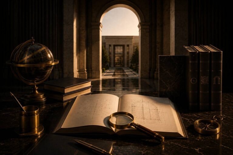 Cahier ouvert avec des croquis architecturaux et une loupe sur un bureau en marbre, entouré de papeterie en laiton, d’un globe et de livres anciens, avec une cour à arcades en arrière-plan.