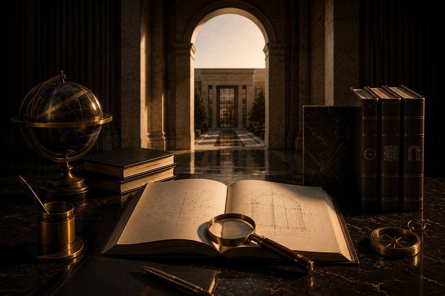 Cahier ouvert avec des croquis architecturaux et une loupe sur un bureau en marbre, entouré de papeterie en laiton, d’un globe et de livres anciens, avec une cour à arcades en arrière-plan.