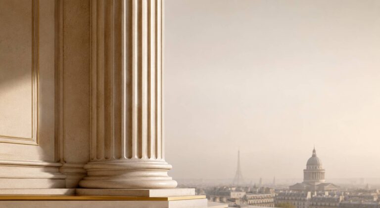 Premium architectural view over Paris with sovereign stone columns and institutional atmosphere symbolising the hierarchy of declaration, recognition and accreditation in French higher education