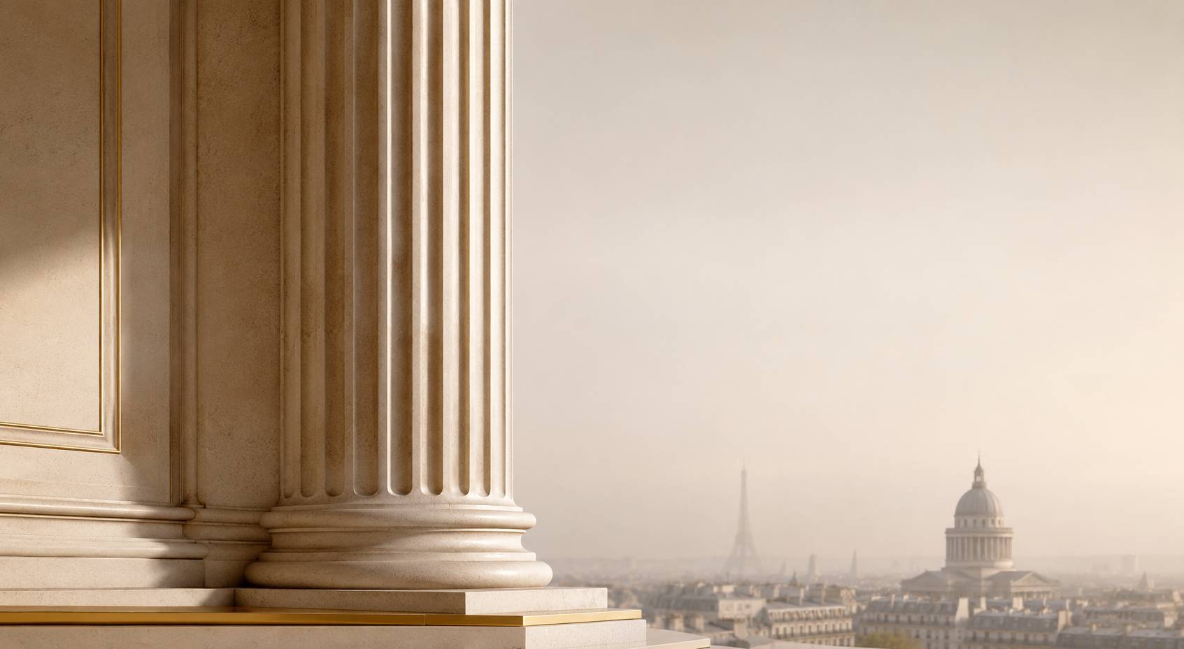 Premium architectural view over Paris with sovereign stone columns and institutional atmosphere symbolising the hierarchy of declaration, recognition and accreditation in French higher education