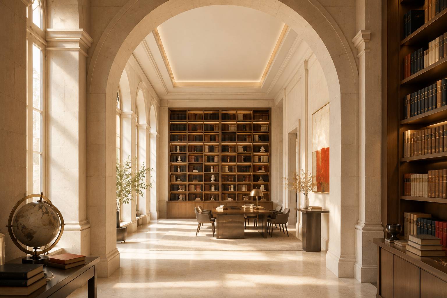 Luminous institutional library illustrating Educational Diplomacy, academic transmission and institutional recognition