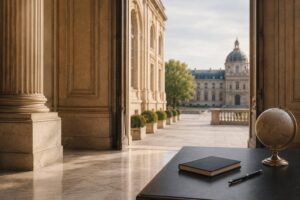 Architecture institutionnelle européenne symbolisant la diplomatie éducative, la gouvernance et l’implantation d’un établissement éducatif en Europe