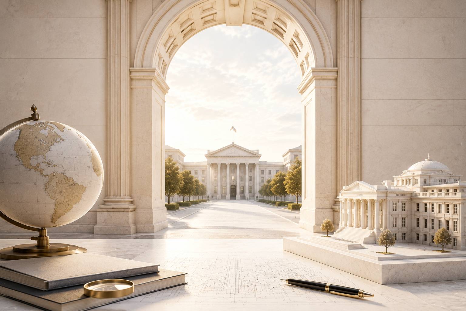 Institutional entry and sovereign readability illustrated through monumental educational architecture, strategic continuity and admissibility.