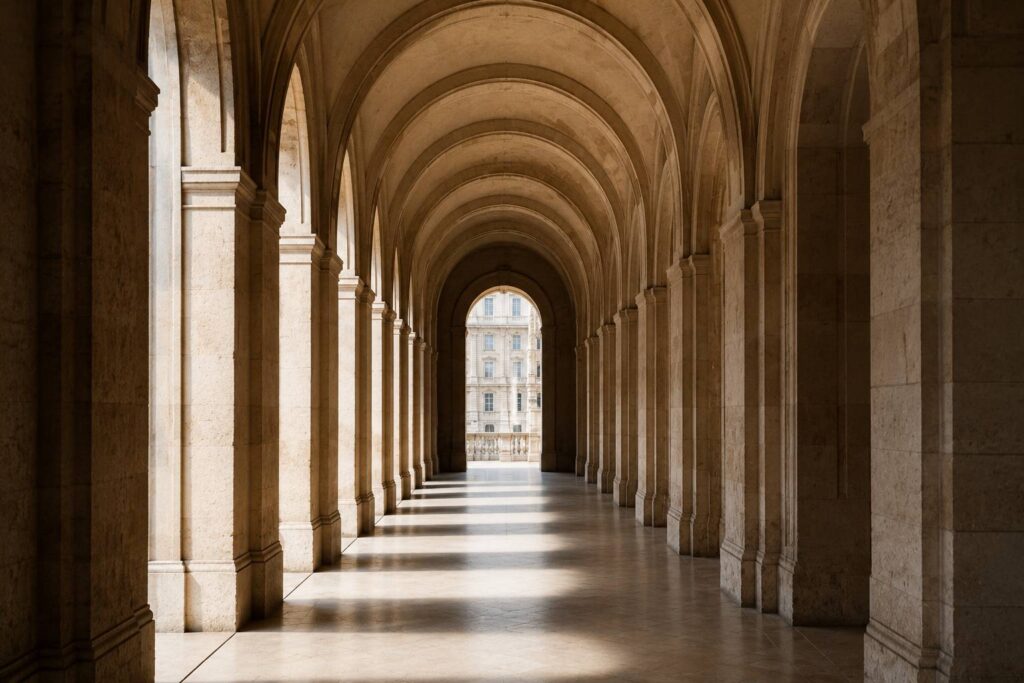 Institutional Research illustrated by a monumental stone arch representing the documentary foundations of educational governance and institutional determination.