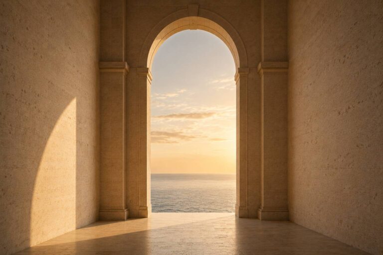 Stone institutional arch opening onto a sea horizon at sunset, symbol of institutional time and entry under the Arch.
