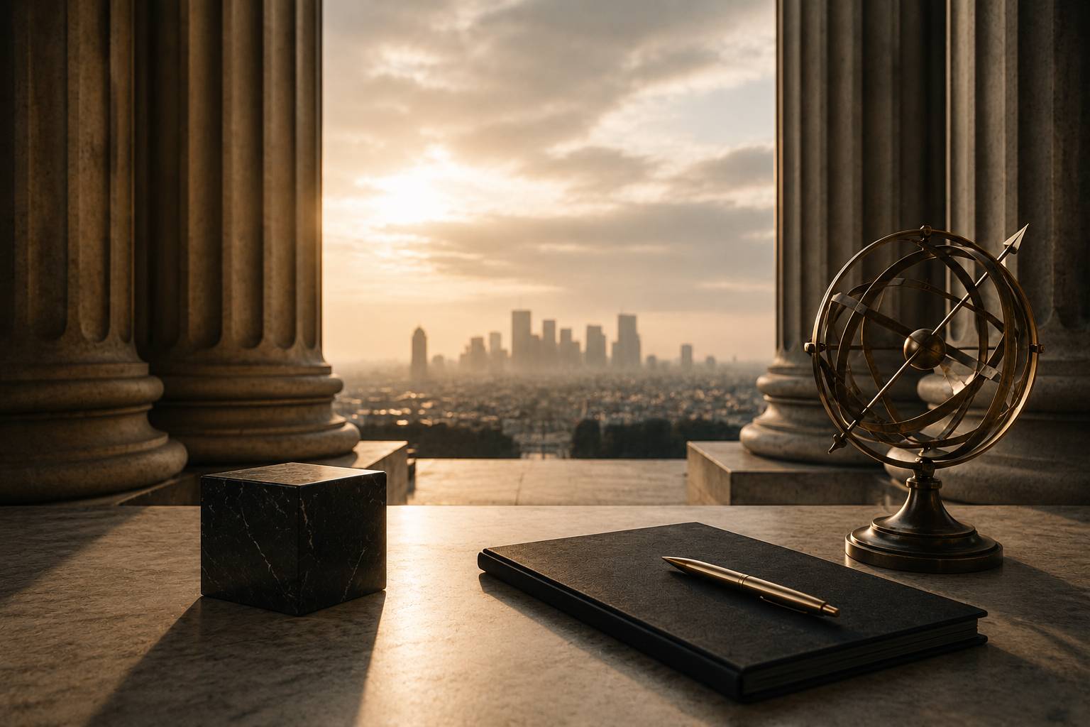 Desk scene with notebook and pen, brass armillary sphere, and city skyline at sunset framed by marble columns.