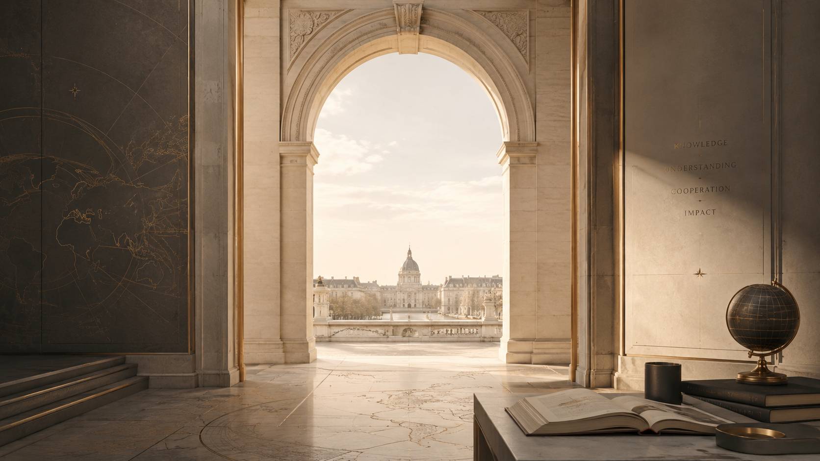 Arche institutionnelle de Diligence Consulting, Maison de la Diplomatie Éducative, ouvrant sur un paysage européen dans une architecture dédiée à la connaissance, à la coopération et à la décision.