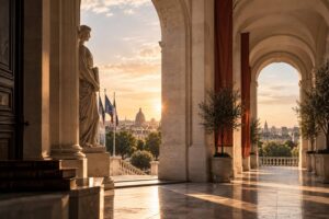 Due diligence and institutional governance in Europe represented through a succession of classical arches.