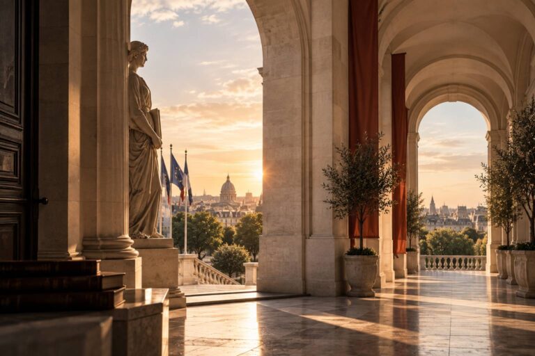 Due diligence and institutional governance in Europe represented through a succession of classical arches.