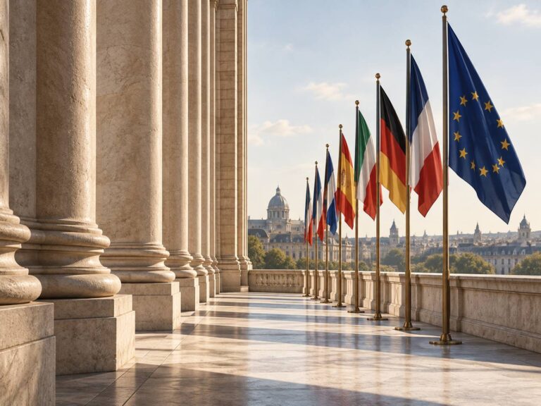 Institutional entry in Europe illustrated by a globe, architectural plans and a European institutional setting overlooking a bridge and historic skyline.