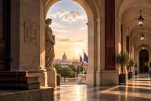 International higher education expansion and local institutional legitimacy represented through European academic architecture.