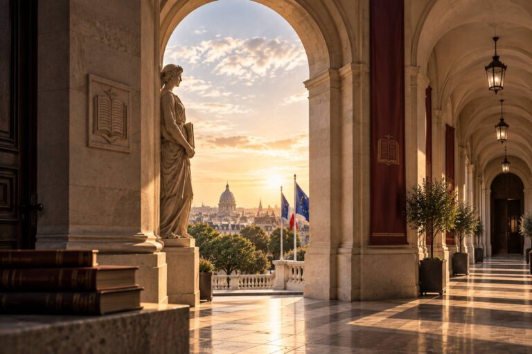 International higher education expansion and local institutional legitimacy represented through European academic architecture.
