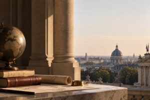 From Programme Delivery to Institutional Presence: European institutional architecture, governance and territorial anchoring symbolised by classical architecture and academic objects.